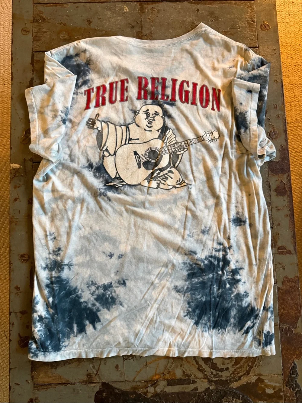True Religion White & Navy Tie-Dye Short Sleeve Tee w Buddha Graphic on Back